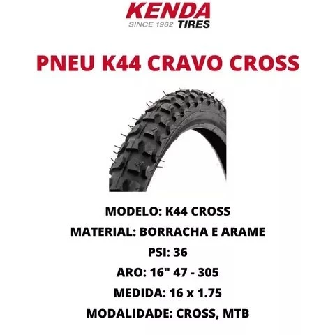 Pneu Bicicleta Aro 16x1.75 Cravo Kenda K44 Bike Mtb Cross